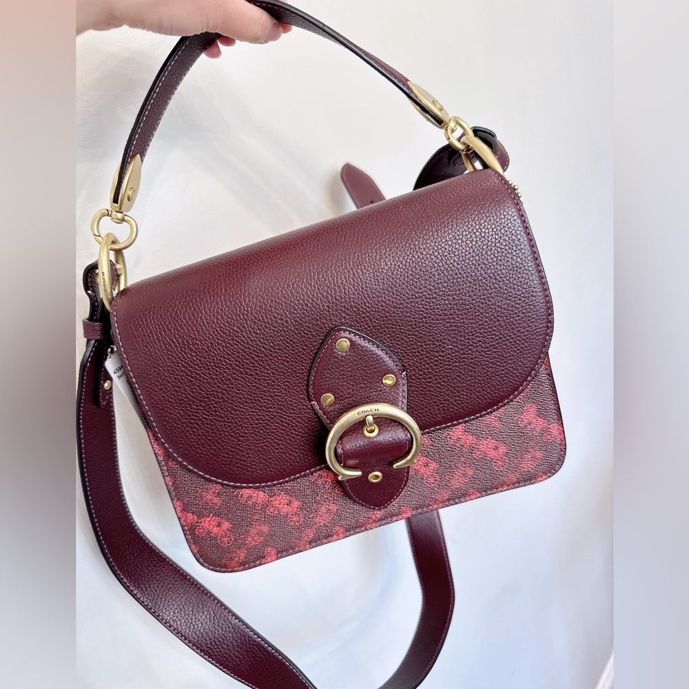 NWT Coach Beat Shoulder Bag With Horse & Carriage Print Brass/Oxblood Cranberry